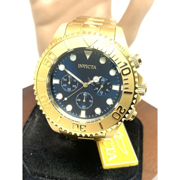Invicta Men's Watch 36974 Pro Diver Quartz Chronograph Gold Steel Blue Dial 47mm - Picture 1 of 14